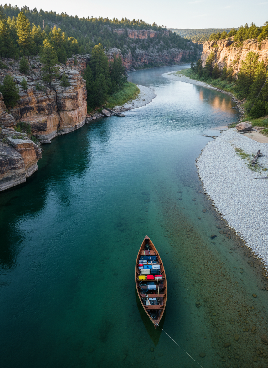 An aerial photographic view of a classic drift boat anchored along a wide bend of a Wyoming river, its weathered wooden interior neatly arranged with fly boxes, nets, and spare rods. The water shifts from deep emerald to bright turquoise over gravel bars, while rugged cliffs and scattered pines rise along the banks. Early morning light casts long, cool shadows and a soft mist lingers above the surface, giving the scene a calm, anticipatory mood. Shot with sharp focus throughout to emphasize the scale of the landscape and the boat as a central focal point, conveying the scope of guided trip packages in a polished, professional style.