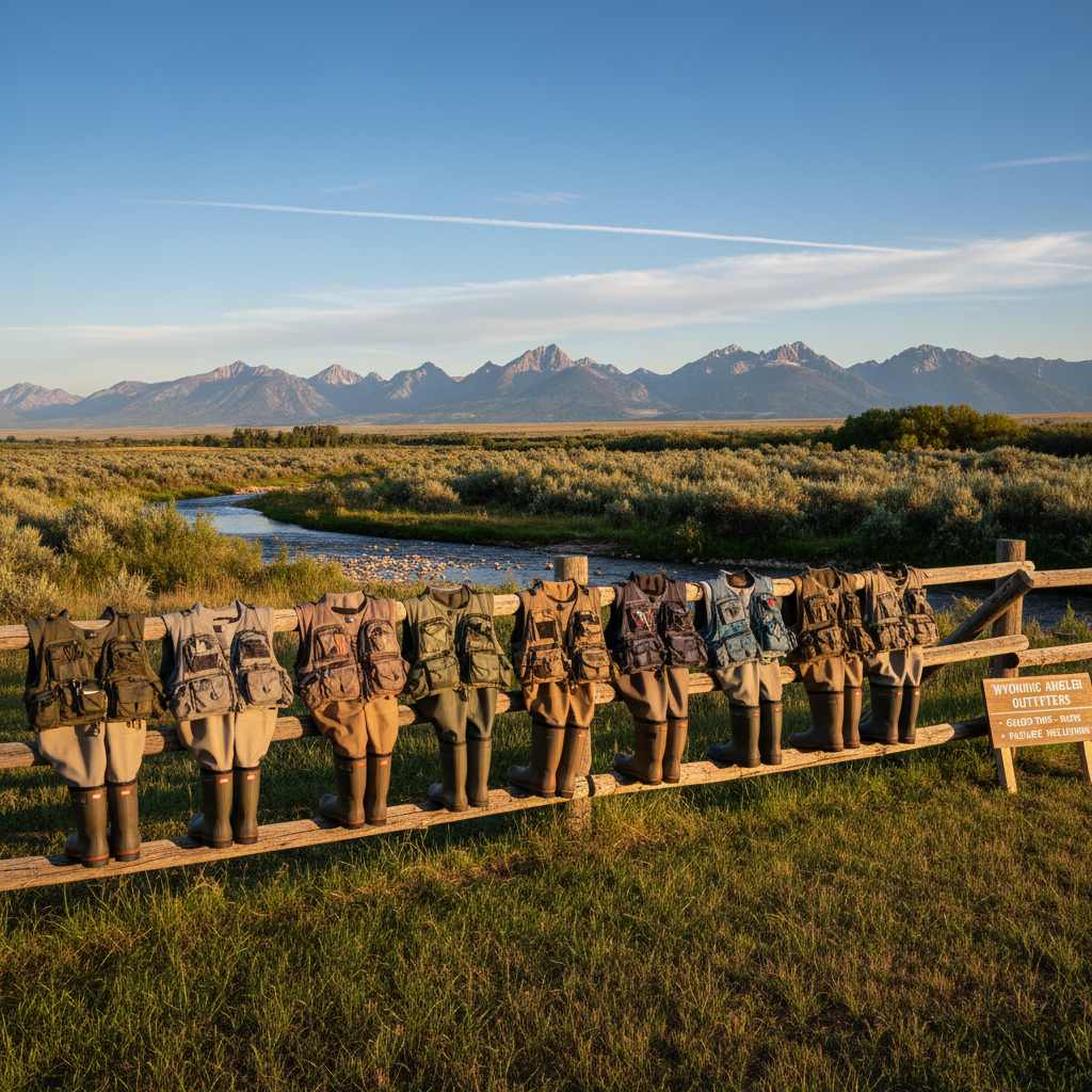 A tidy outdoor gear staging area at the edge of a Wyoming meadow, featuring neatly lined rows of waders, boots, and vests draped over a rustic wooden rail fence. Beyond, a narrow river winds through sagebrush and willows toward distant, rugged mountains under a vast blue sky with a few high, wispy clouds. Warm evening sunlight creates long shadows behind the gear, accentuating textures of neoprene, felt soles, and mesh pockets. Photographic realism with a wide-angle, eye-level composition, ensuring sharp focus from foreground gear to background peaks, conveys organization, readiness, and professionalism for trip prep, rates, and package inclusions.