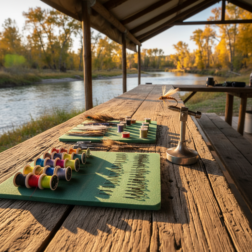 A long, weathered wooden table set up as an outdoor fly-tying station under a simple canopy beside a Wyoming river. Spools of brightly colored thread, tiny hooks, feathers, and tools are neatly arranged on foam pads, with a mounted vise holding a nearly finished dry fly in sharp detail. The sun is low, bathing everything in warm golden-hour light that glints off the metal tools and casts gentle shadows across the table’s grain. The river and cottonwood trees behind are softly blurred, creating a peaceful, focused atmosphere. Shot from a slightly elevated angle in photographic realism, this composition emphasizes hands-on instruction and skill-building without showing any people.