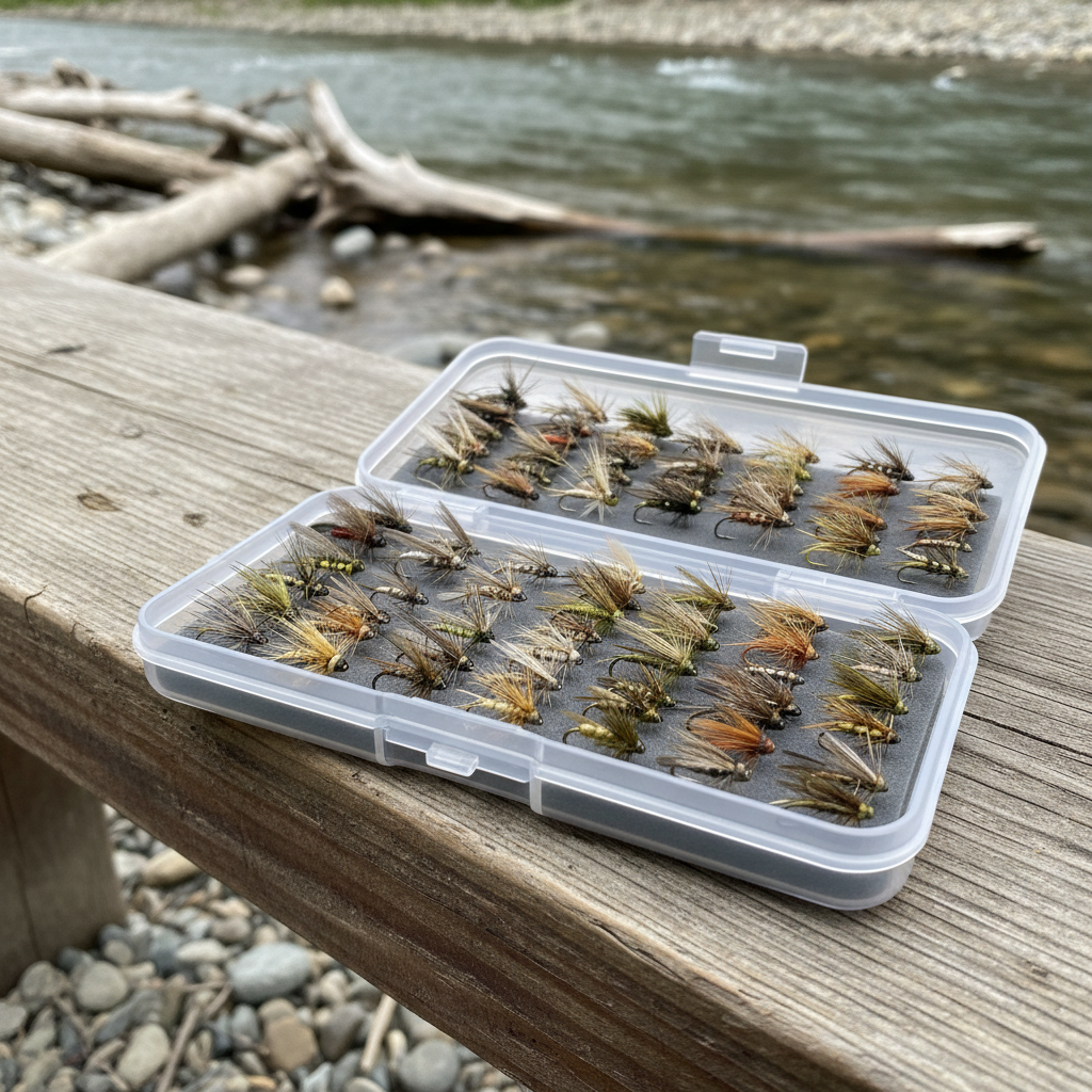 A detailed close-up of an open waterproof fly box resting on a rough-hewn wooden bench, filled with meticulously arranged Wyoming-style dry flies and nymphs in natural tans, olives, and rusty browns. Behind it, a clear river flows past rounded stones and faded driftwood, subtly out of focus. Soft overcast light from an expansive sky produces even, diffused illumination, revealing the textures of feathers, fur, and barbed hooks without harsh shadows. Composed at eye level with a shallow depth of field, the image feels intimate and educational, ideal for illustrating course curriculum and tackle recommendations with authentic, photographic realism and a clean, professional mood.