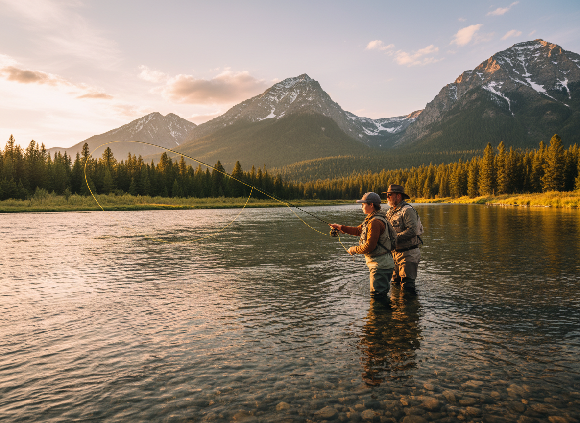 A fly fishing instructor and student wading in a clear Wyoming river at golden hour, casting a fly line over the water with mountains behind