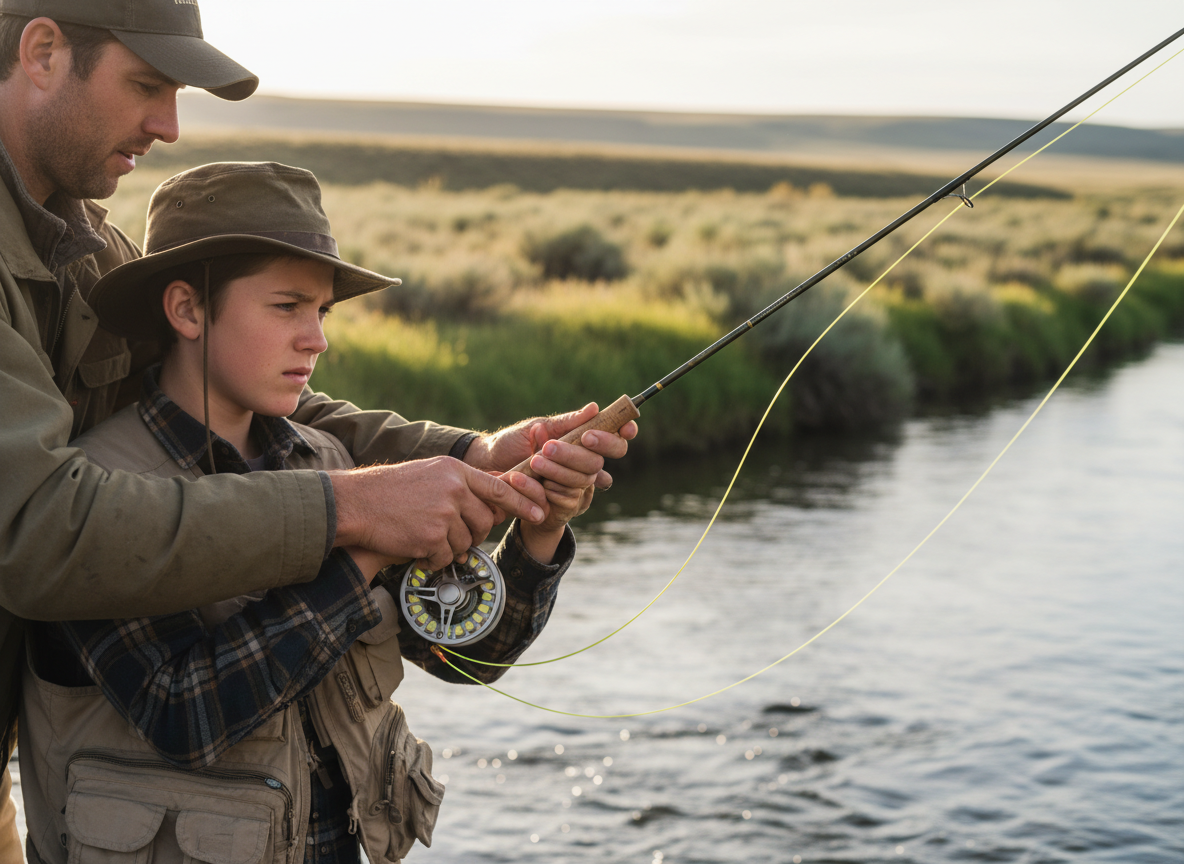 Close-up of a beginner fly fishing student learning to cast on a Wyoming riverbank with an instructor guiding their hands