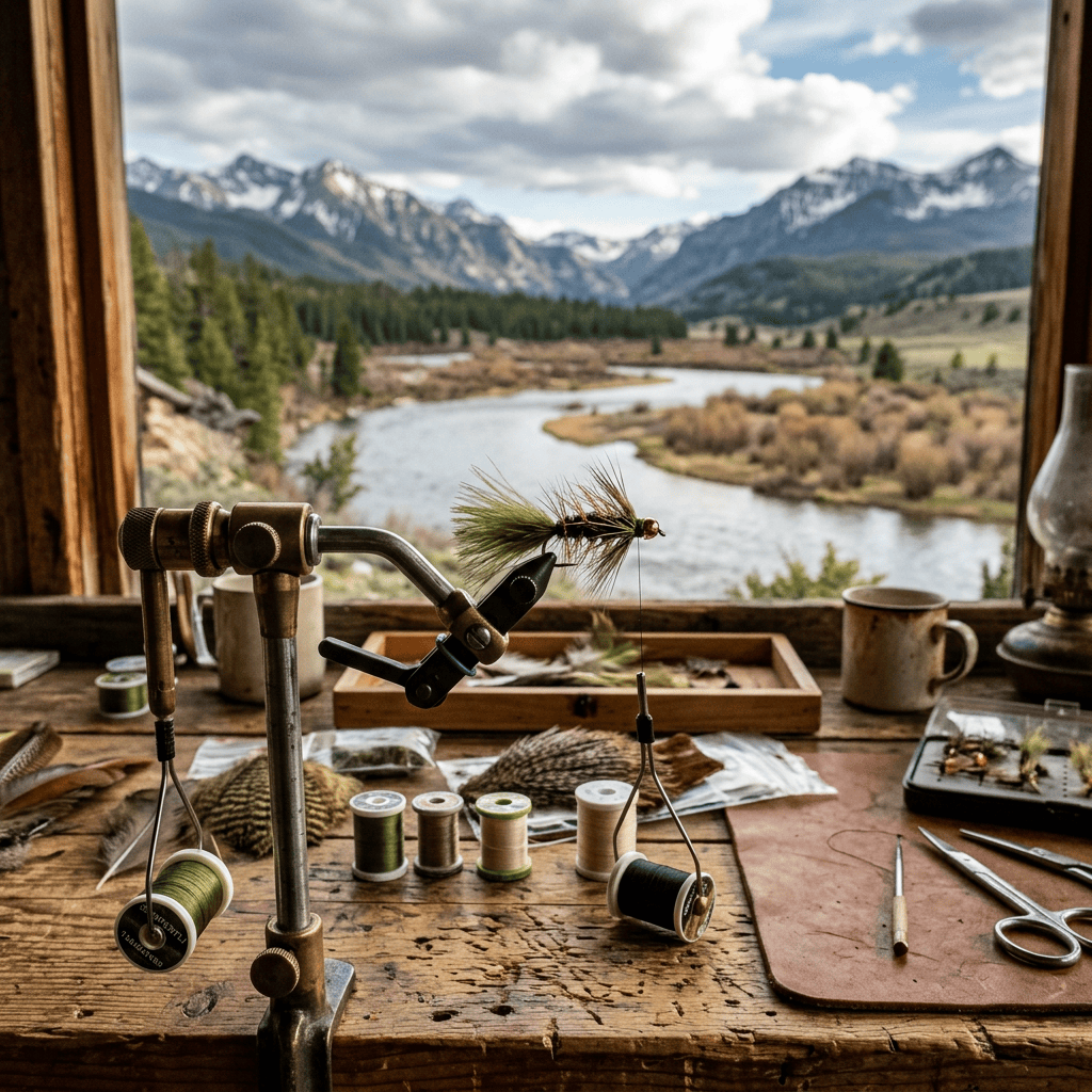 Fly-tying vise and materials on a workbench overlooking a mountain river